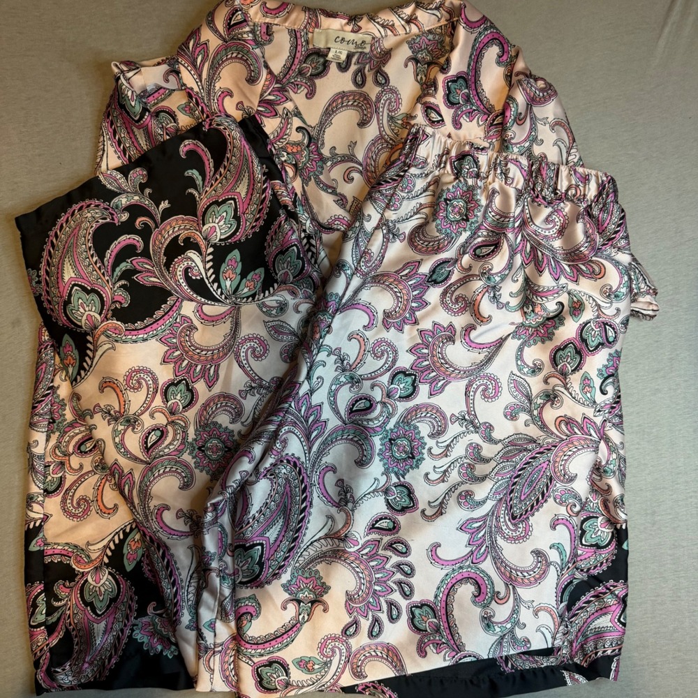 Como Sleep‎ Womens Pink Paisley Satin Pajama Set Short Sleeve Top Shorts Large
